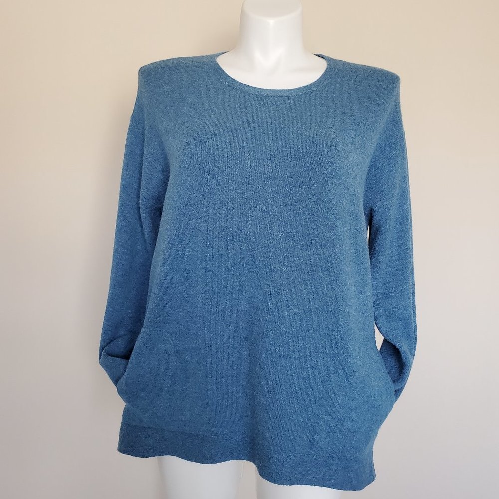 J Jill Purejill Women's Size Large Blue Knit Sweater Pockets Tunic Crew Neck Top